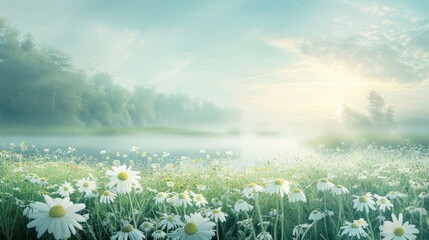 Wall Mural - a field of white flowers with a blue sky in the background