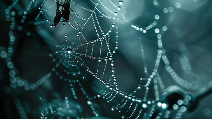 A detailed macro shot of a dew-covered spider web