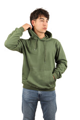 Wall Mural - Youth man wearing blank hoodie on white background, closeup. Military greeen color hoodie. Mockup for design, isolated background.