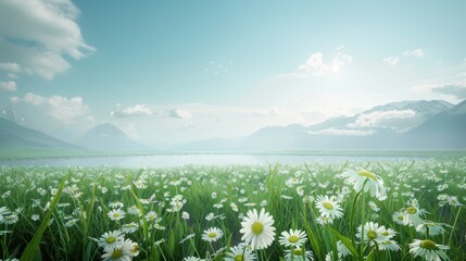Wall Mural - a field of white flowers with a blue sky in the background