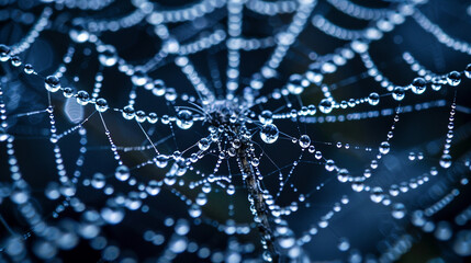 A detailed macro shot of a dew-covered spider web
