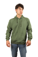 Wall Mural - Youth man wearing blank hoodie on white background, closeup. Military greeen color hoodie. Mockup for design, isolated background.