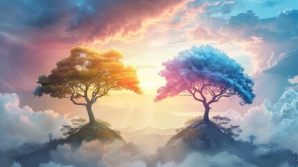 Wall Mural - two trees are standing next to each other, one is blue and the other is yellow