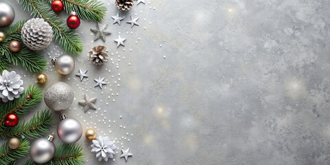 Poster - Charming silver gray background with festive decorations on the left side , festive, silver, gray, background, decorations