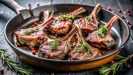 Poster - Close-up of succulent cast iron lamb chops sizzling on a hot skillet , lamb, chops, cast iron, cooking, sizzling, searing, skillet