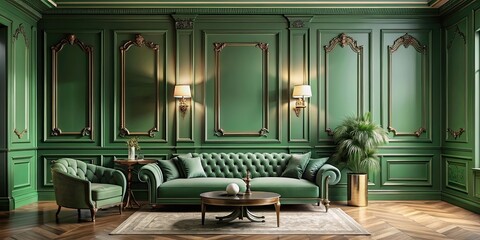 Wall Mural - Classic luxury green interior with elegant wall molding panels , empty, interior design, luxury, classic, green