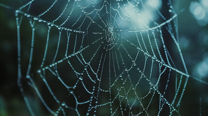 A detailed macro shot of a dew-covered spider web