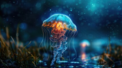 Wall Mural - Enchanting Bioluminescent Jellyfish Glowing Underwater in a Mystical Ocean Scene