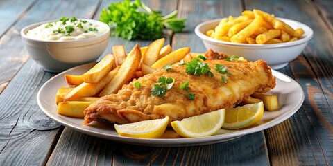 Poster - Classic British fish and chips meal with crispy battered fish and thick-cut fries, traditional, British, cuisine, food, fried