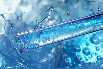 Canvas Print - Water splashing around a test tube, creating a dynamic and vibrant scene with clear blue water, digital illustration