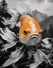 Sticker - Beautiful gold fish with a flower on dark background