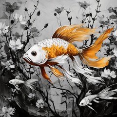 Wall Mural - Beautiful gold fish with a flower on dark background