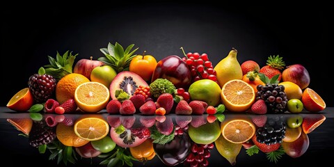 Poster - Beautifully decorated fruit arranged in front of a sleek black background, food, vibrant, colorful, artistic, elegant