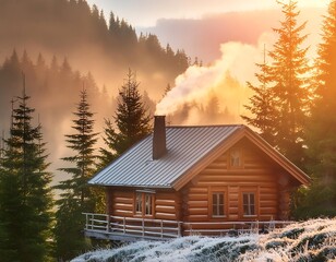 Wall Mural - A cozy mountain cabin with smoke rising from the chimney