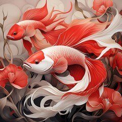 Poster - 3d rendering of a beautiful red fish with a flower on dark background