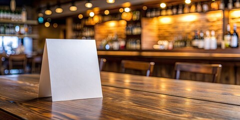 Poster - Blank paper table card on wooden table over bar background, blank, paper, table card, wooden table, bar, background, menu