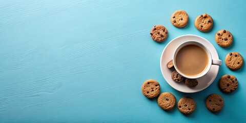 Poster - Coffee cup with cookies on a light blue background. Panoramic flat lay food photography, coffee, cup, cookies