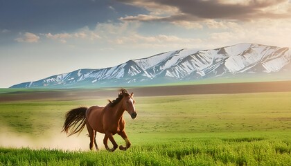 Beautiful brown horse running on green grass at sunset