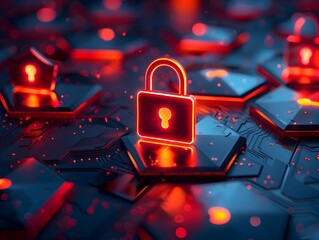 Poster - Comprehensive Digital Protection Padlock Icon Surrounded by Shielding Symbols
