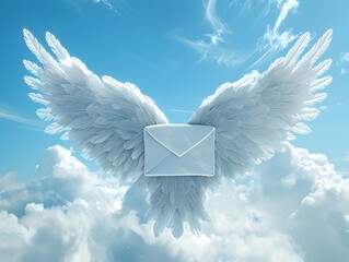 Poster - Winged Email Icon Soaring Through Bright Blue Sky Symbolizing Fast Digital Delivery