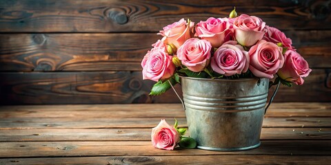 Canvas Print - Beautiful pink roses arranged in a rustic metal bucket on a wooden table, pink, roses, rustic, metal bucket, wooden table