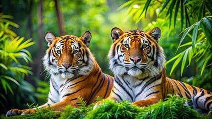 Canvas Print - Beautiful tigers enjoying the lush greenery of their natural habitat , tigers, beautiful, wildlife, nature, animals, jungle