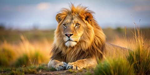 Poster - Close-up photo of a lion resting in the African savanna, lion, wildlife, African, savanna, carnivore, mammal, feline