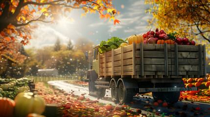 Wall Mural - Cargo truck carrying various types of vegetables on the road in an autumn countryside with sunshine. Concept of food transportation, logistics and cargo.