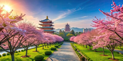 Wall Mural - Beautiful sakura garden under a clear sky in Taipei, Taiwan, sakura, garden, cherry blossoms, flowers, blooming, pink, spring