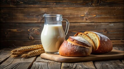 Sticker - Close-up of bread and milk on wooden table, food, breakfast, dairy, fresh, organic, bakery, healthy, close-up