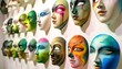 © FantasyLand86 - A close-up image of a series of masks painted with surrealistic designs, blending dreamlike elements with realistic facial features.