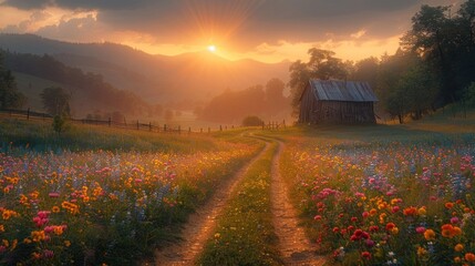 Poster - Sunrise over a Field of Flowers