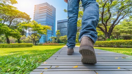 Feet in comfortable shoes heading to lively outdoor event, indicating a casual team activity