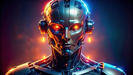 Poster - Close-up shot of a futuristic robot's head with glowing lights, futuristic, robot, head