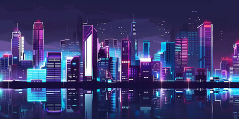 Wall Mural - Pixel art retro wave. panorama of big city. wide banner. Space for text. neon cyberpunk digital 8 16 32 64 bit painting. poster, flyer, banner, email, header, social media post. Generative Ai content