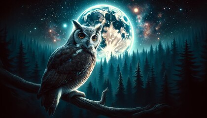 Wall Mural - An owl perched on a tree branch with a moonlit night sky in the background.