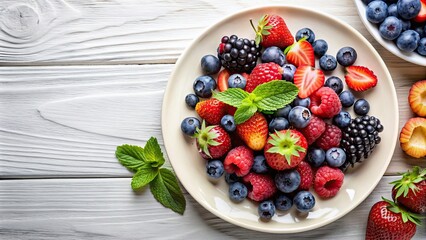 Canvas Print - Breakfast with a variety of fresh berries on a white plate , breakfast, berries, fruits, healthy, nutrition, delicious