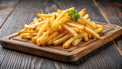 Poster - Close up of freshly made pommes frites on a modern serving board, perfect for a new lifestyle concept, potato, fries