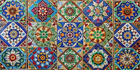 Wall Mural - Close-up of a vibrant, intricate mosaic of colorful ceramic tiles