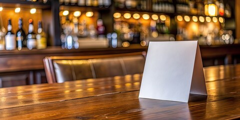 Sticker - Blank paper table card on a wooden table in a bar setting , bar, background, blank, paper, table card, wooden, table, restaurant