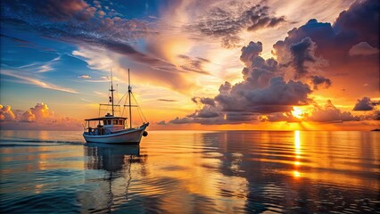 Poster - Boat sailing in the ocean with a beautiful sunset in the background, boat, ocean, sea, water, sunset, sky, horizon, scenic