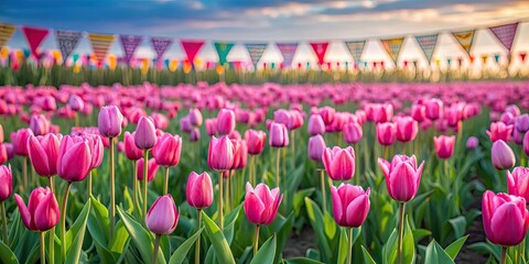 Wall Mural - Colorful bunting above pink tulips field, colorful, bunting, pink, tulips, field, spring, flowers, vibrant, garden