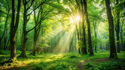 Sticker - Blurry background of a lush green forest with sunlight filtering through the trees , nature, outdoor, environment, foliage