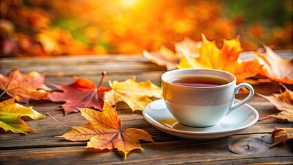 Poster - Closeup view of a cup of tea with vibrant autumn leaf , tea, cup, drink, autumn, leaf, vibrant, closeup, hot, refreshment, warm