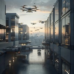 Poster - Futuristic Drone Fleet Delivering Packages to Modern Warehouse Rooftop Symbolizing Aerial Logistics Concept