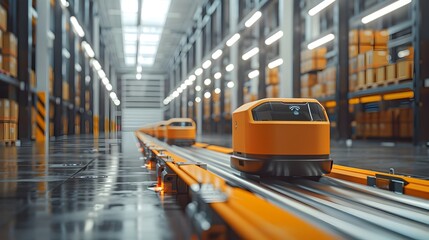 Poster - futuristic warehouse with autonomous robots sorting packages on conveyor belt showcasing advanced lo