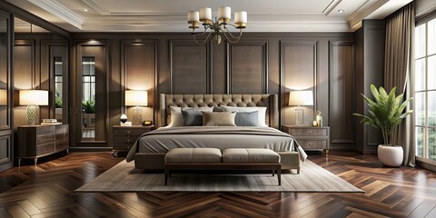 Wall Mural - Chic bedroom with grand bed, dark wood flooring, and sleek modern decor, chic, bedroom, grand bed, sleek