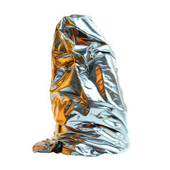 Poster - Artistic crumpled metallic foil sculpture with reflective texture and lighting, showcasing modern abstract design.