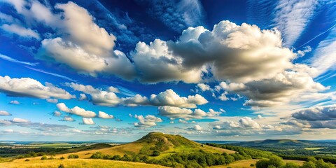 Wall Mural - Clear sky with scattered clouds overlooking a sprawling hill , nature, landscape, sky, clouds, hill, view, scenic, beautiful