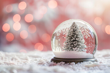 Wall Mural - Snow ball with Christmas tree on blurred pastel pink background. Festive Xmas banner with snow globe. New year concept for greeting card with copy space. Traditional holiday gift souvenir present